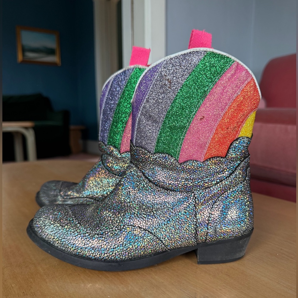 Maison Mangostan Kids Glitter Rainbow Silver Western Boots